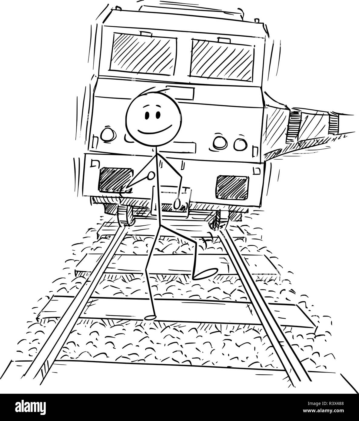 Cartoon di Unworried uomo a camminare sulle vie e ignorando il treno in sella dietro di lui Illustrazione Vettoriale