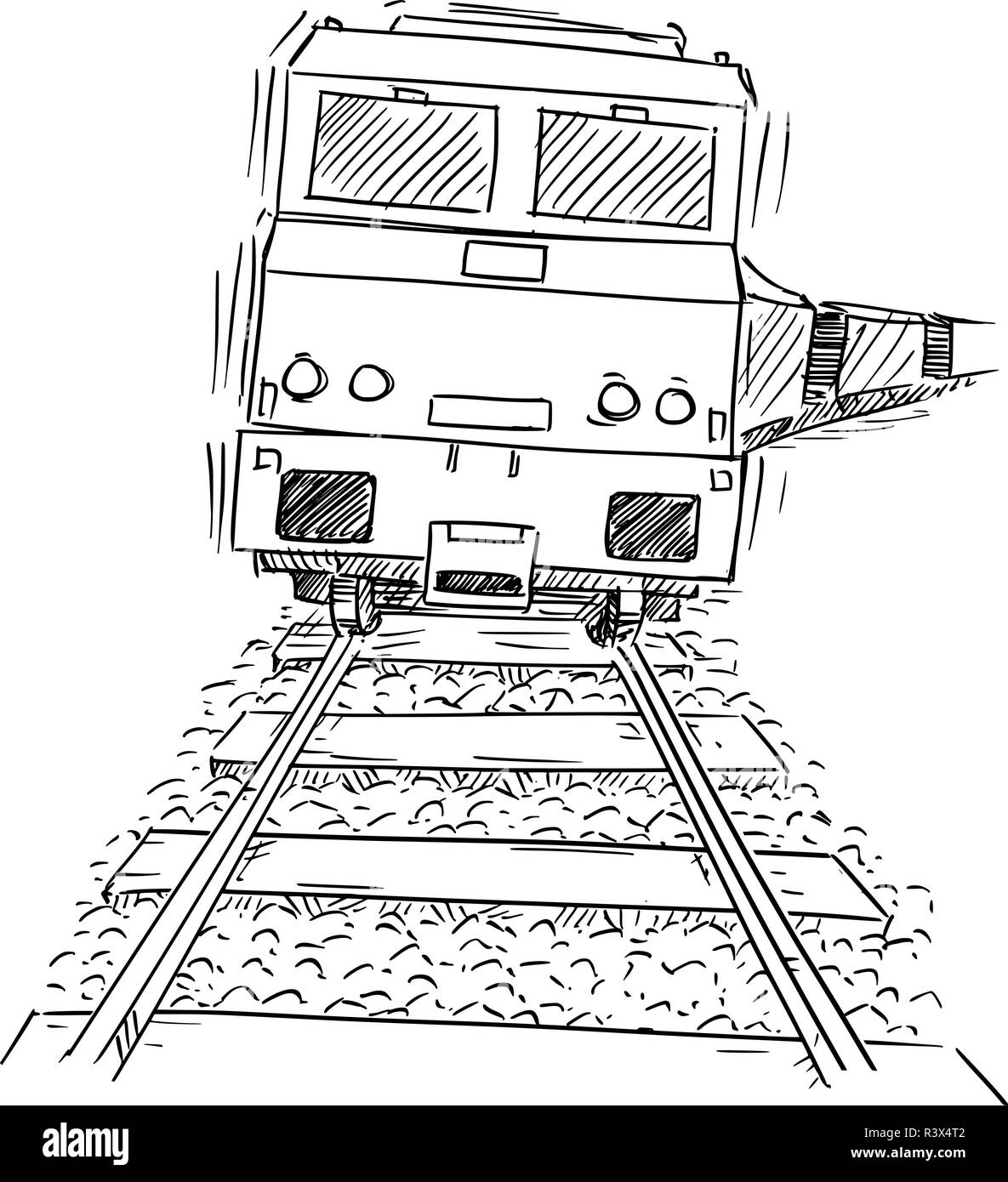 Disegno del treno generico locomotiva a motore sulle piste Illustrazione Vettoriale