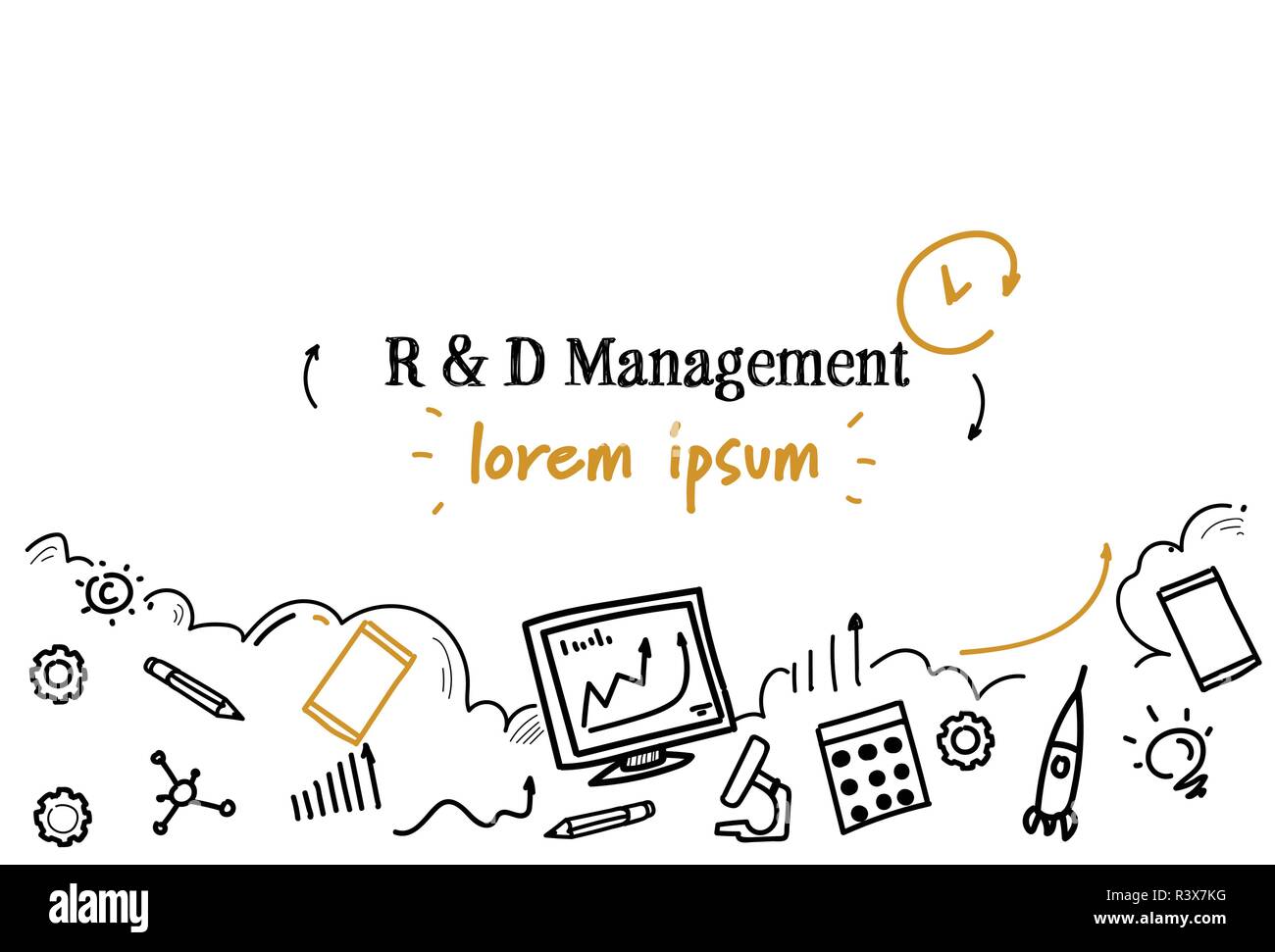 Ricerca e sviluppo concetto di gestione sketch doodle isolato orizzontale dello spazio di copia Illustrazione Vettoriale