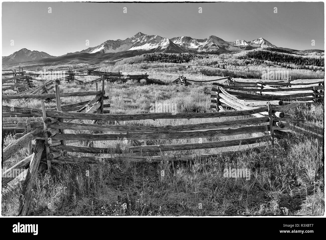 Staccionata in legno, Wilson Mesa vicino a Telluride durante l'autunno, San Juan Mountains, Colorado. Foto Stock