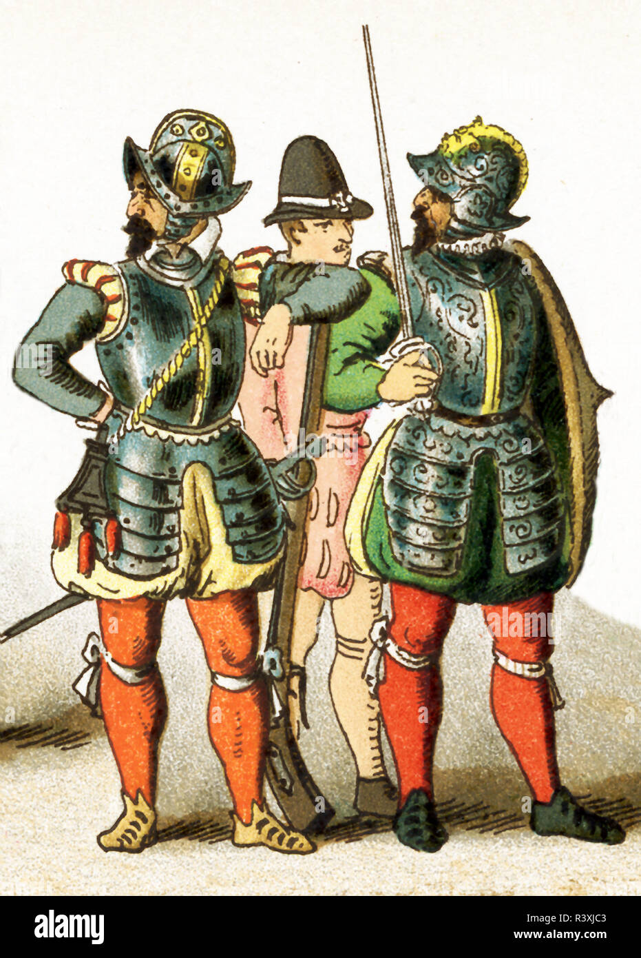 Le figure rappresentate qui sono tutti francesi persone tra il 1550 e il 1600. Essi sono da sinistra a destra: musketeer, un soldato, un ufficiale. Questa illustrazione risale al 1882. Foto Stock