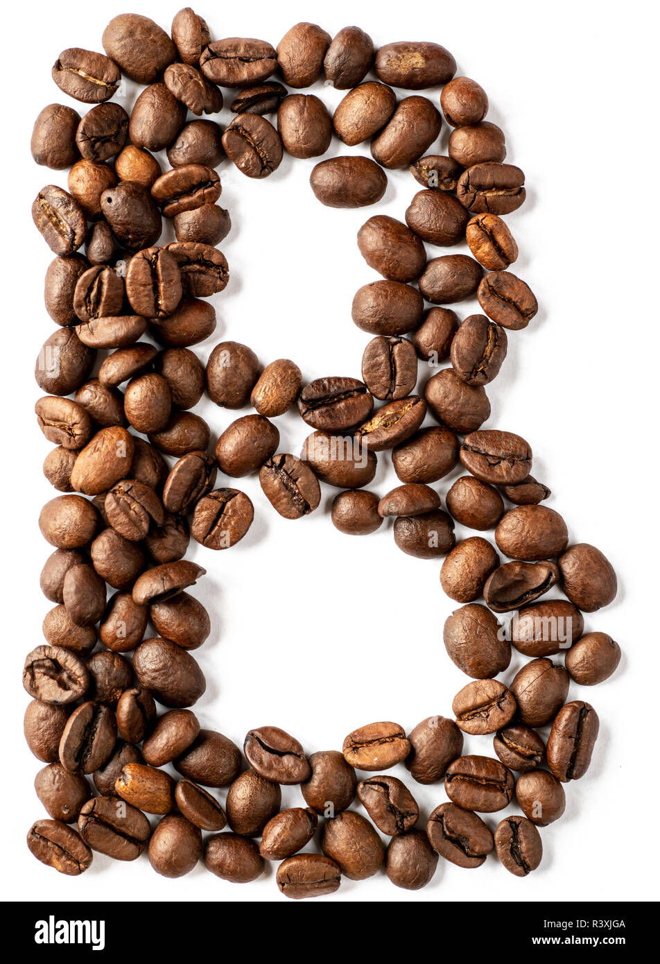 Lettere fatte da chicchi di caffè isolato su sfondo bianco Foto Stock