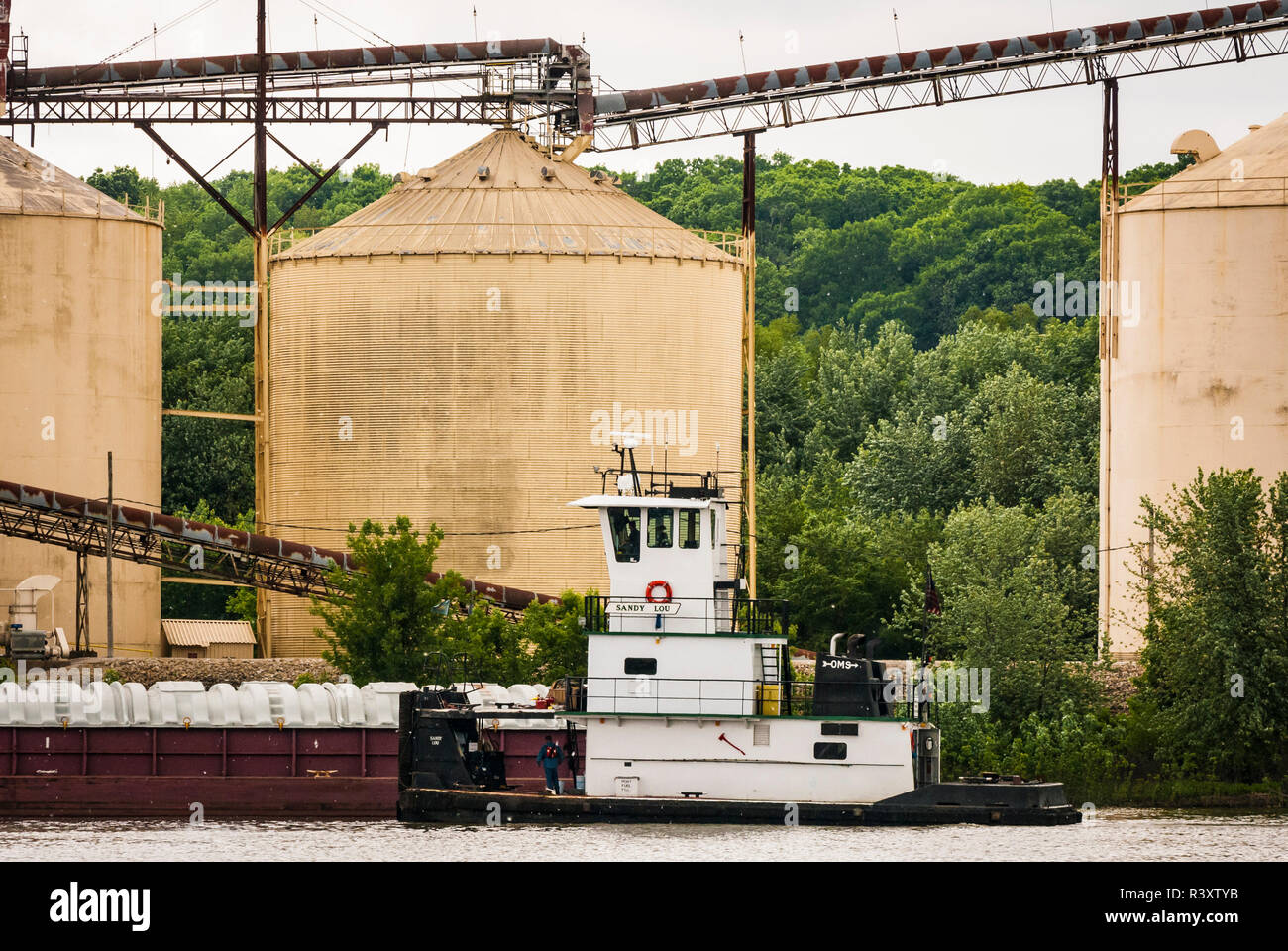 Stati Uniti d'America, Illinois. Alto Mississippi River Basin, Spring Valley, Barsulle atterraggio sul fiume Illinois, silos per il grano, chiatte e rimorchiatore chiamato Sandy Lou Foto Stock