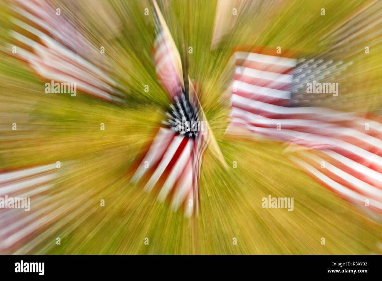 Effetto zoom sulle bandierine americane sul grande prato, Via di luglio, Louisville, Kentucky Foto Stock