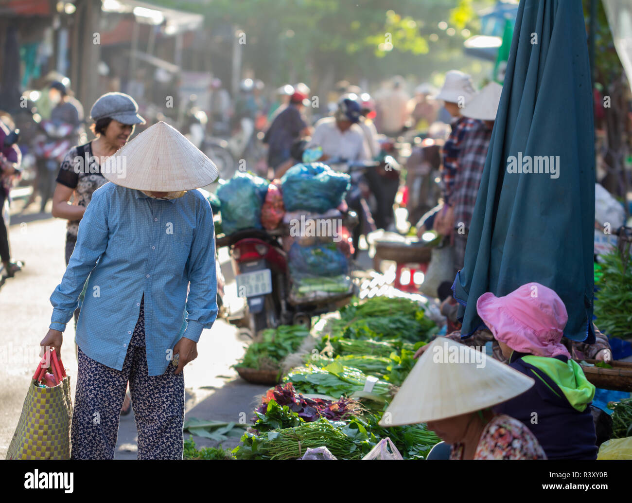 Donna vietnamita nel cappello conico alla ricerca di ortaggi freschi sul mercato, Hoi An, Vietnam. Foto Stock