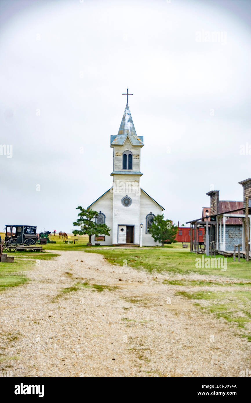 Una chiesa in 1880 città in Souht Dakota, set cinematografico per Balla coi lupi. Foto Stock