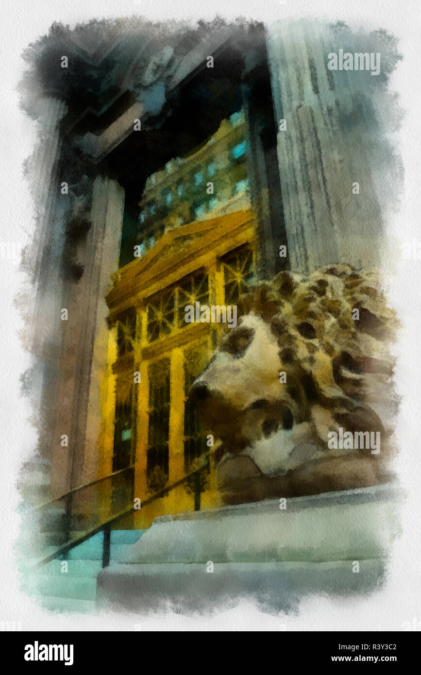 Questo acquerello digitale di lion statue al di fuori del dollaro storico edificio bancario rappresentano le mani di denaro, centro di Pittsburgh, in Pennsylvania. Foto Stock