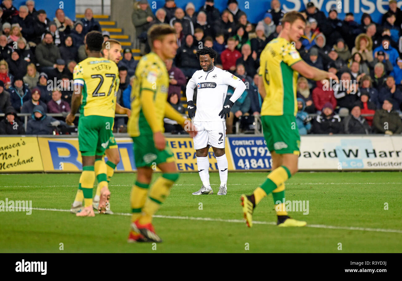 Swansea, Regno Unito. Il 24 novembre 2018. Wilfried ossuto di Swansea City © reagisce in frustrazione. EFL Skybet partita in campionato, Swansea City v Norwich City al Liberty Stadium di Swansea, Galles del Sud sabato 24 novembre 2018. Questa immagine può essere utilizzata solo per scopi editoriali. Solo uso editoriale, è richiesta una licenza per uso commerciale. Nessun uso in scommesse, giochi o un singolo giocatore/club/league pubblicazioni. pic da Phil Rees/Andrew Orchard fotografia sportiva/Alamy Live news Foto Stock