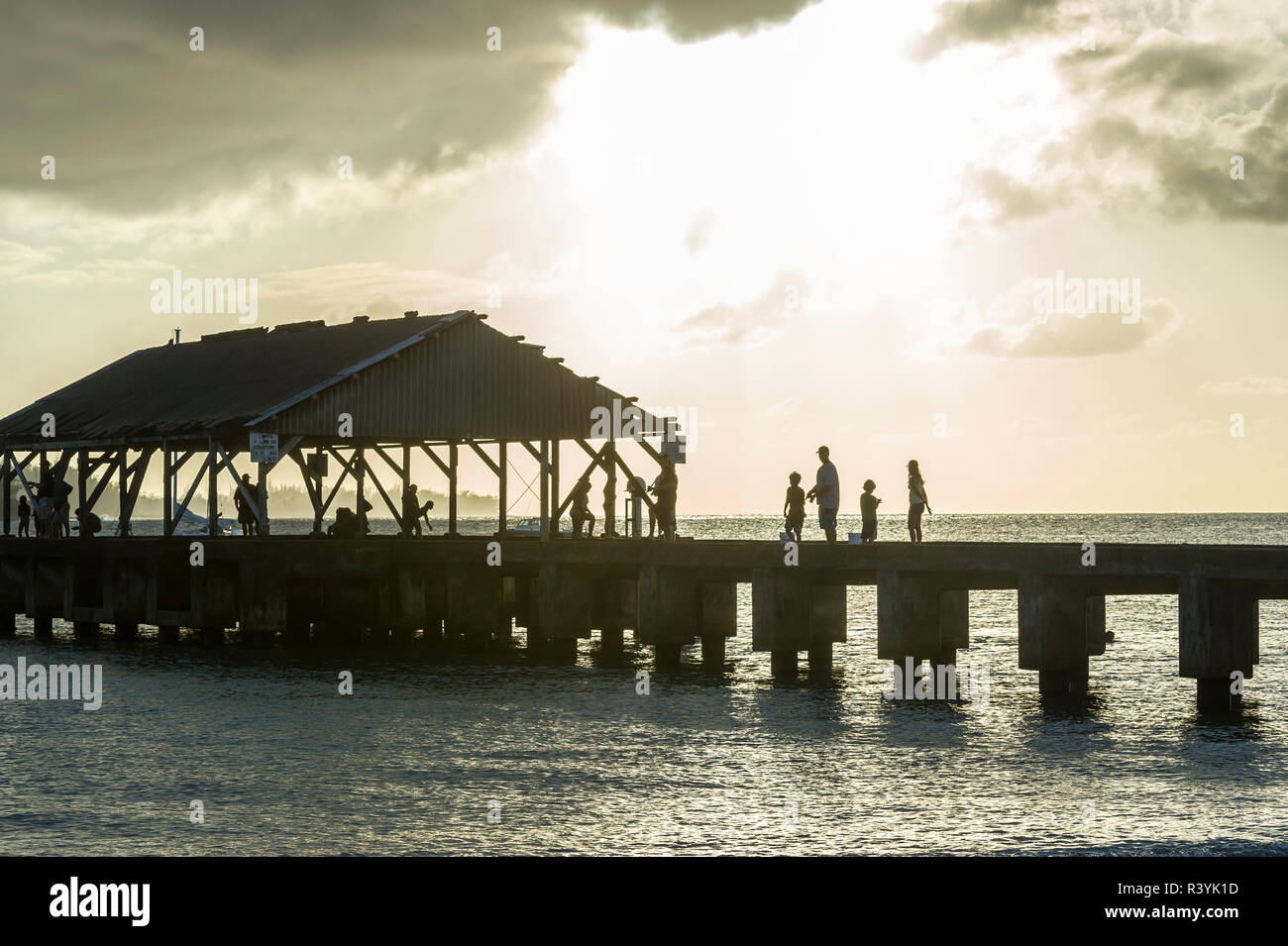 Hanalei Bay, Hanalei Pier, Hawaii, Kauai, tramonto Foto Stock