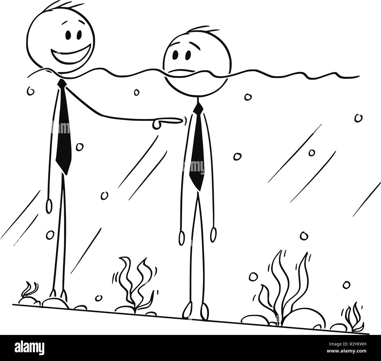 Cartoon di due imprenditori in piedi in acqua, entrambi nei pressi di annegamento, uno è oggetto di ridicolo dell'altro Illustrazione Vettoriale