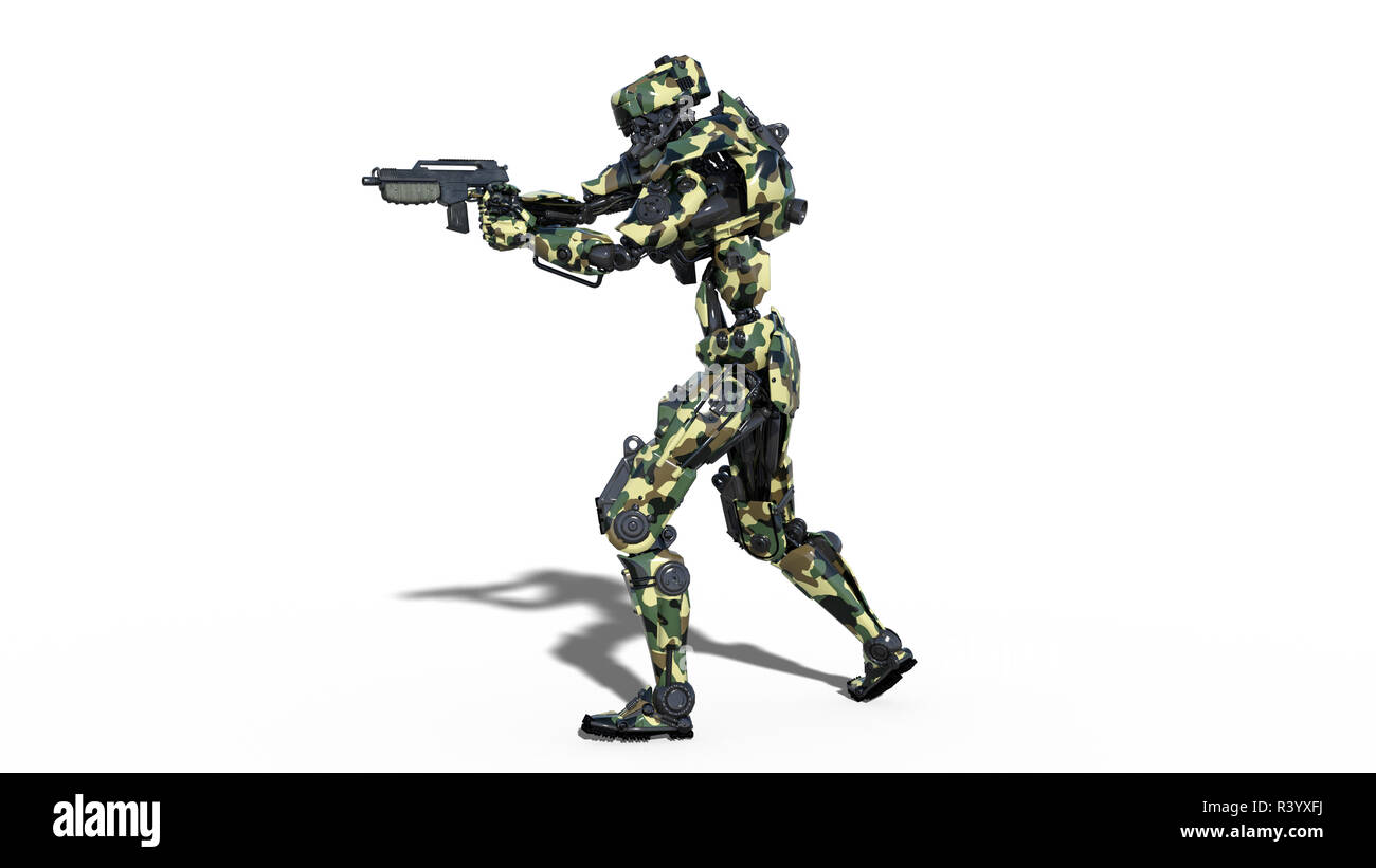 Esercito robot, forze armate cyborg, android militare soldato pistola tiro isolato su sfondo bianco, rendering 3D Foto Stock