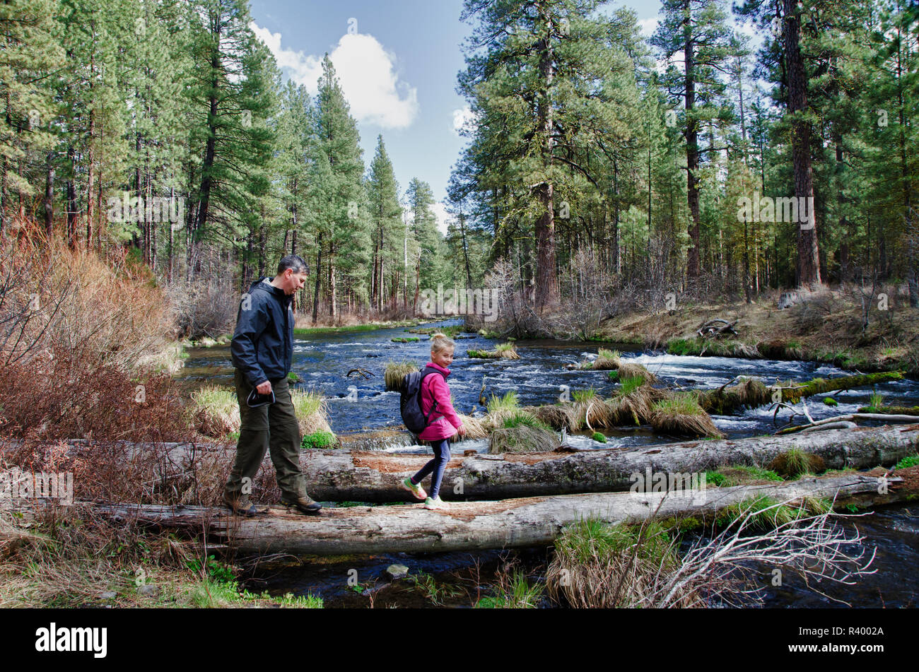 Stati Uniti d'America, Oregon, Deschutes National Forest. Padre e figlia a piedi sul log di fronte fiume Metolius (MR). Foto Stock