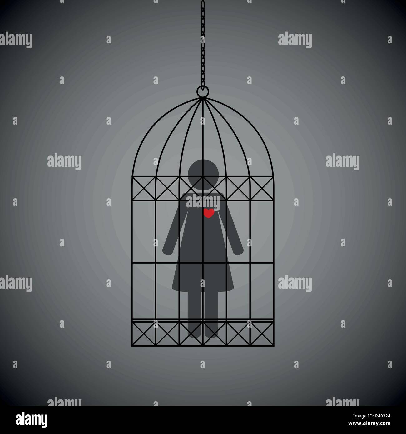 Donna con cuore rosso in una gabbia su sfondo scuro illustrazione vettoriale EPS10 Illustrazione Vettoriale