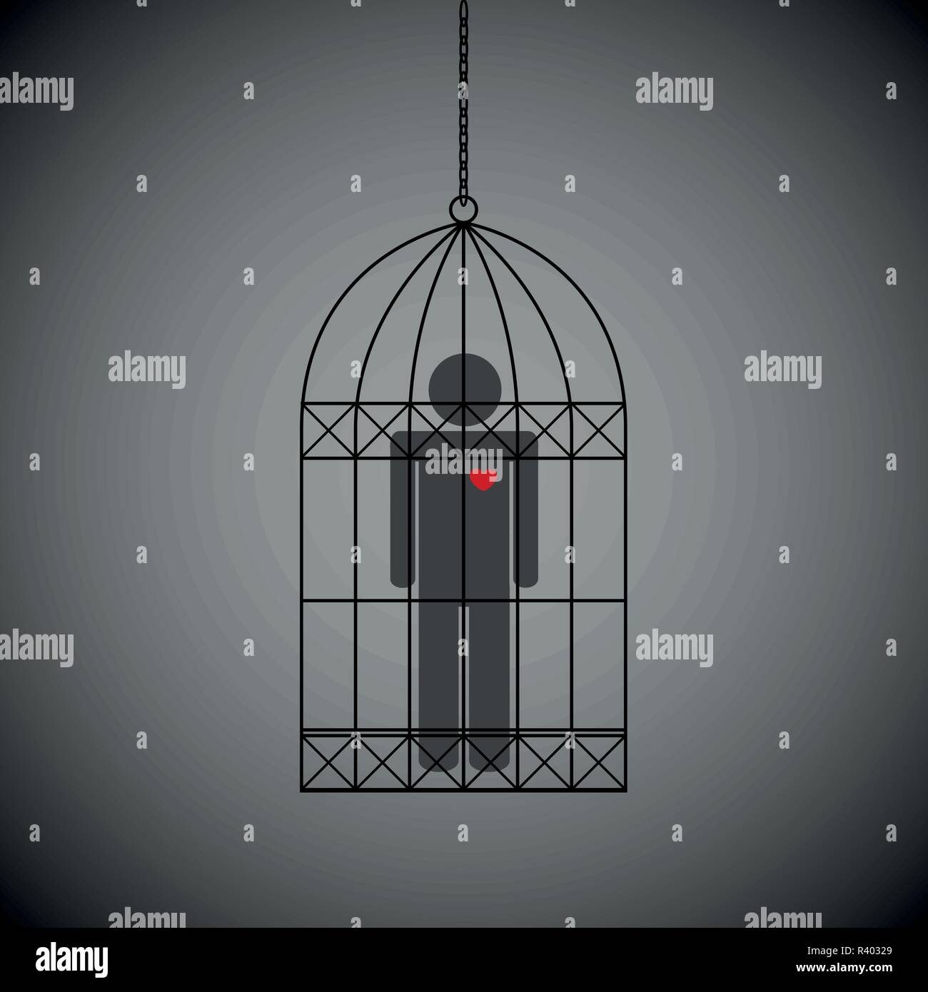 Uomo con cuore rosso in una gabbia su sfondo scuro illustrazione vettoriale EPS10 Illustrazione Vettoriale