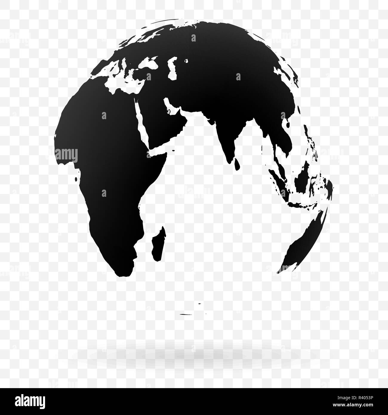 Altamente dettagliate globo terrestre simbolo, paesi arabi, Cina e India. Nero su sfondo bianco. Illustrazione Vettoriale