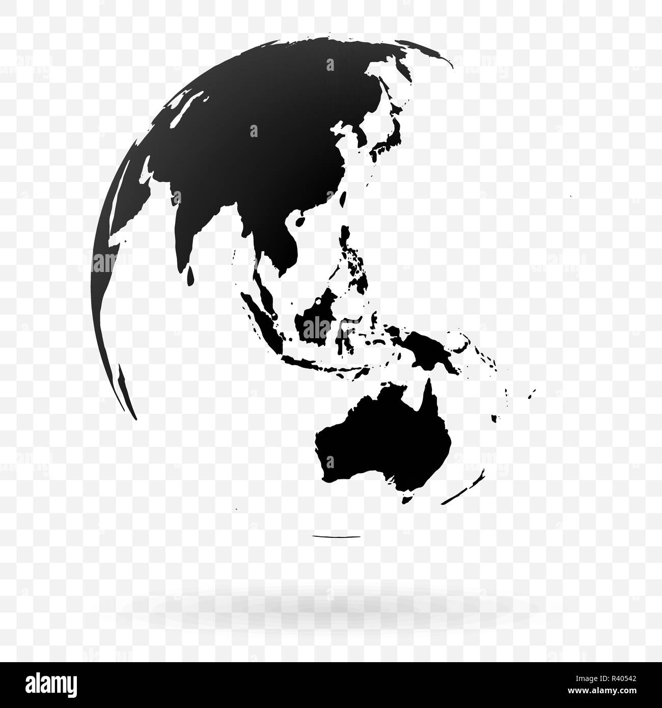 Altamente dettagliate globo terrestre simbolo, Australia, oceani Indiano e Pacifico. Nero su sfondo bianco. Illustrazione Vettoriale
