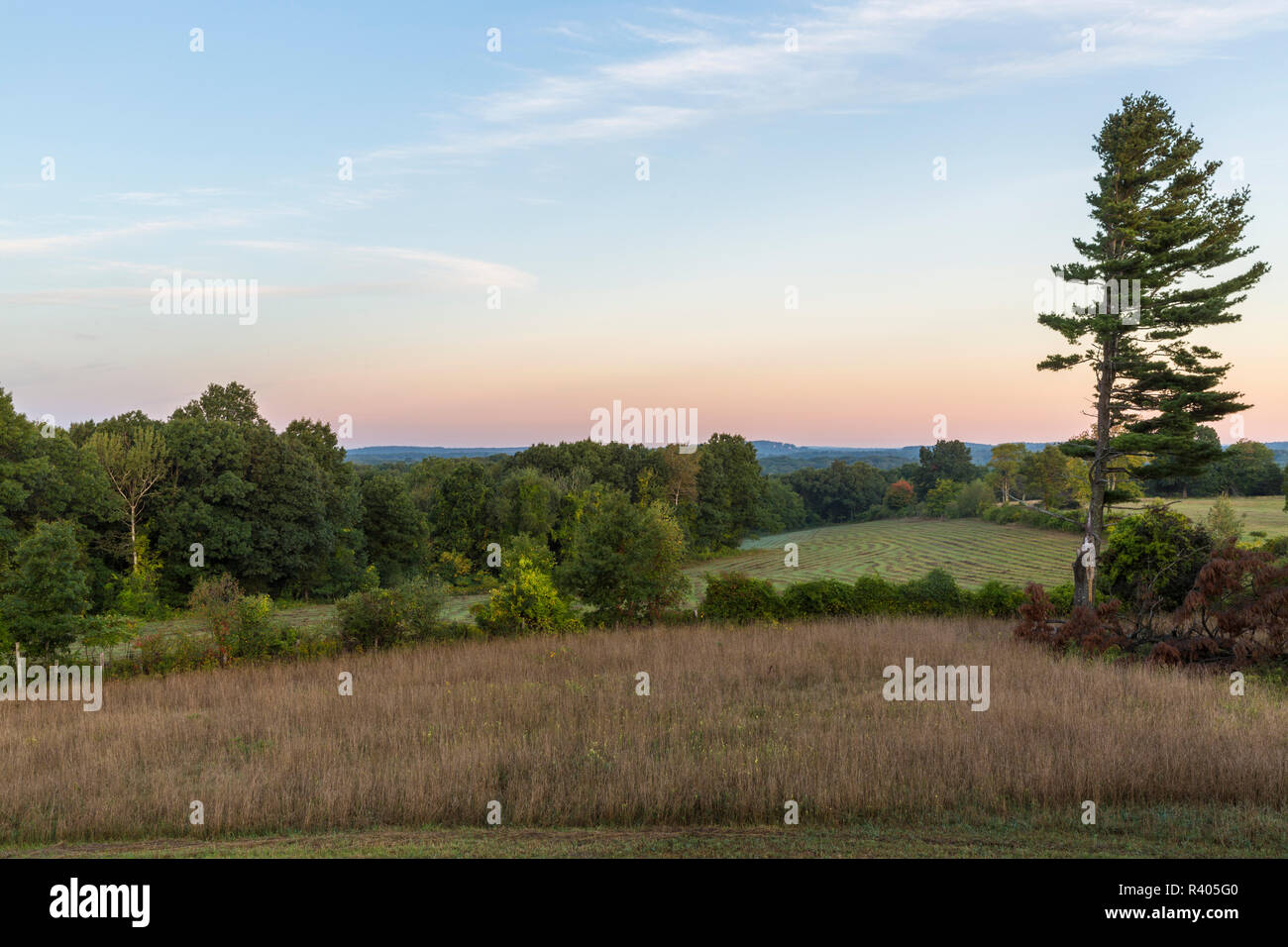 Vista dei campi da Sagamore Hill di Hamilton in Massachusetts. Foto Stock