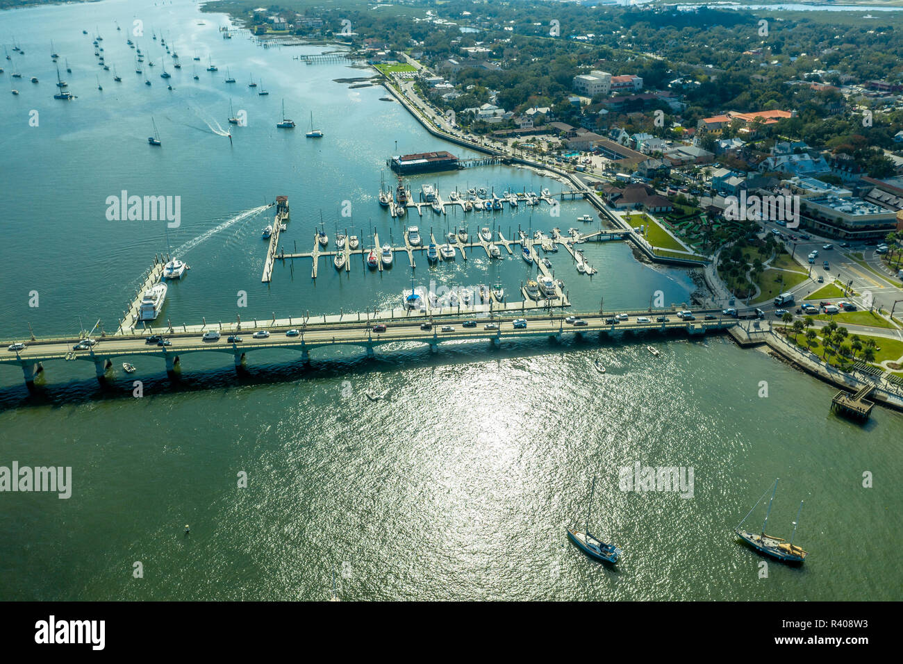 Vista aerea del Ponte dei Leoni in Saint Augustine, Florida. Foto Stock