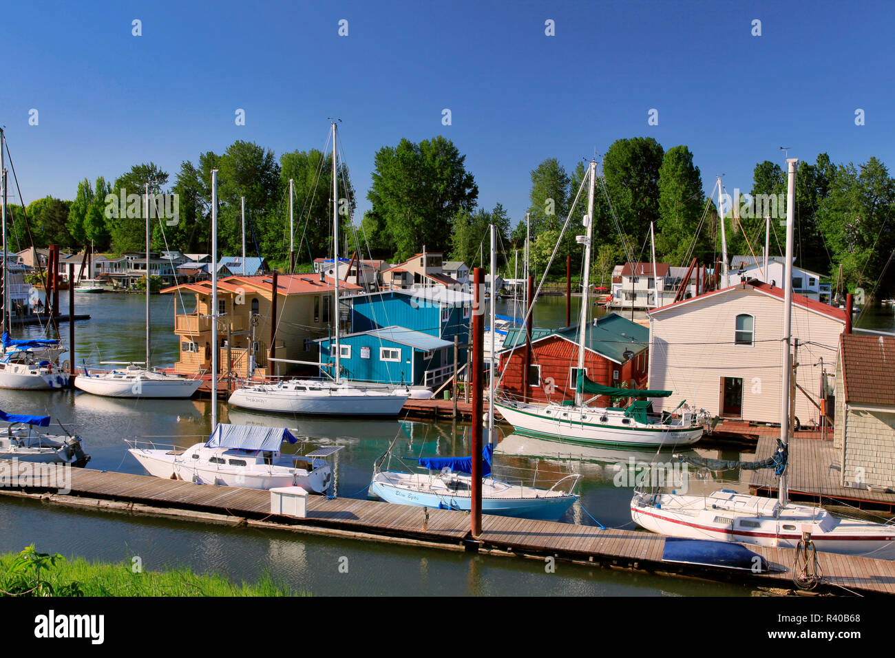 Stati Uniti d'America, Oregon, Portland. Barche a vela ormeggiata in porto fluviale. Credito come: Steve Terrill Jaynes / Galleria / DanitaDelimont.com Foto Stock