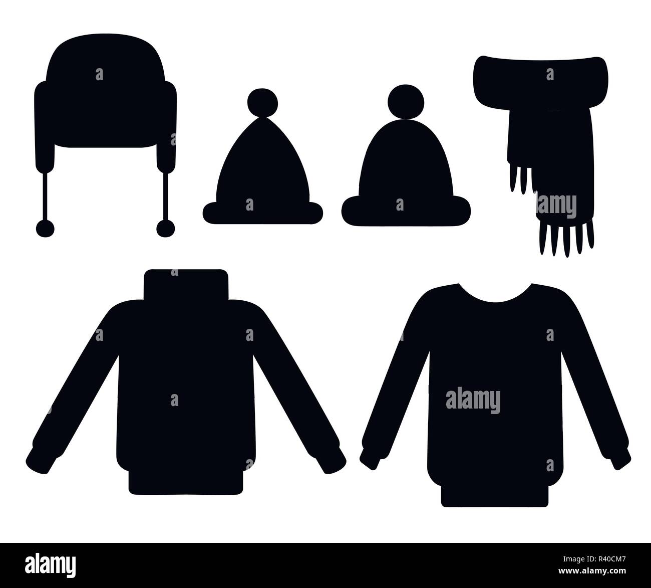 Silhouette nera. In inverno abiti in maglia di raccolta. Maglione, cappelli, sciarpa. Abiti fatti a mano con motivo in stile d'inverno. Appartamento illustrazione vettoriale isola Illustrazione Vettoriale