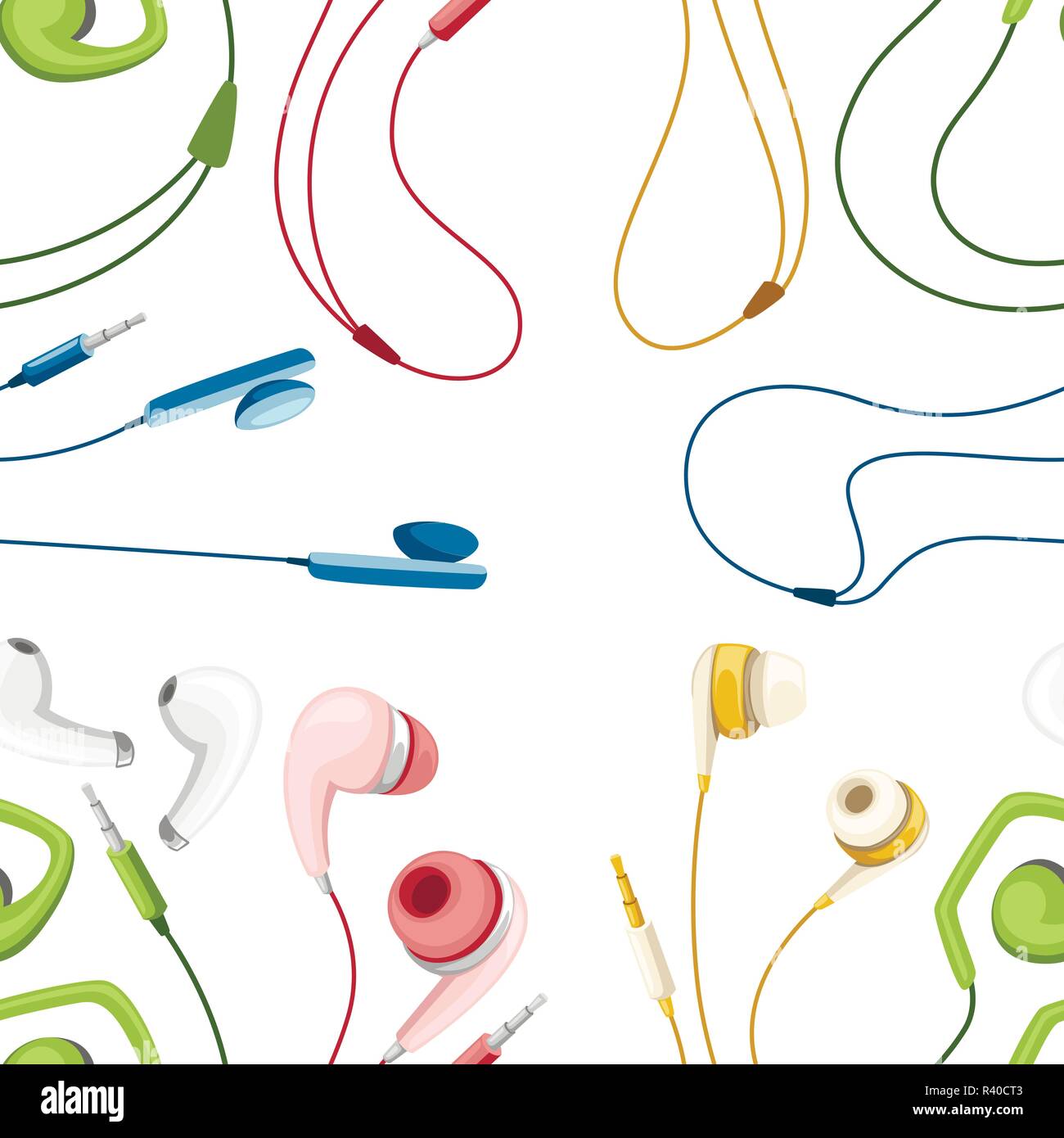 Modello senza giunture. Set di reti cablate e wireless di auricolari. Auricolari  colorati in stile appartamento. Stili di vita accessori. Appartamento  illustrazione vettoriale su bianco backg Immagine e Vettoriale - Alamy
