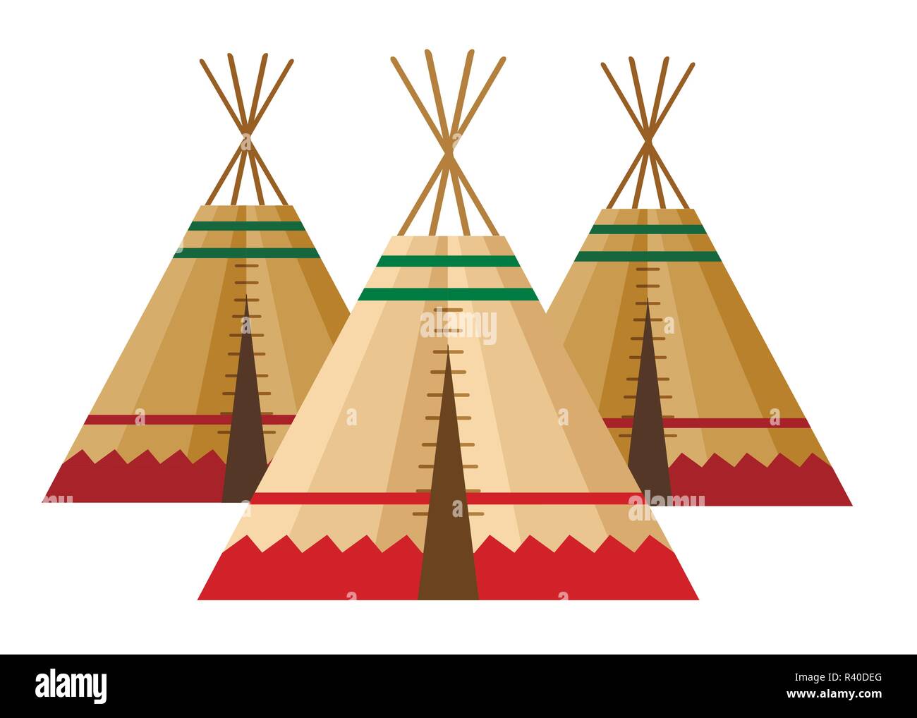 Tenda indiana o wigwam. Dimora delle nazioni del nord del Canada, in Siberia, Nord America. Casa in pelle. Appartamento illustrazione vettoriale su uno sfondo bianco. Illustrazione Vettoriale