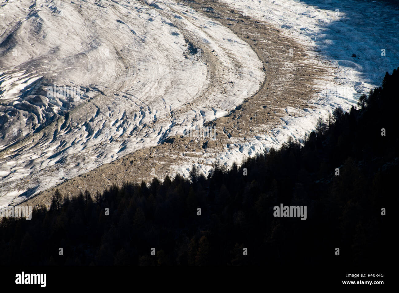 Dettaglio astratta del ghiacciaio di Aletsch che mostra le morene mediale nella massa di ghiaccio, in contrasto con la valle di foreste nell'ombra. Il ghiacciaio di Aletsch (tedesco Foto Stock
