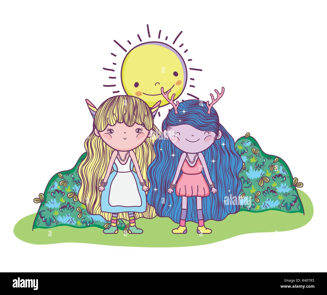Creature Fantastiche ragazze con Sun e cespugli illustrazione vettoriale Illustrazione Vettoriale