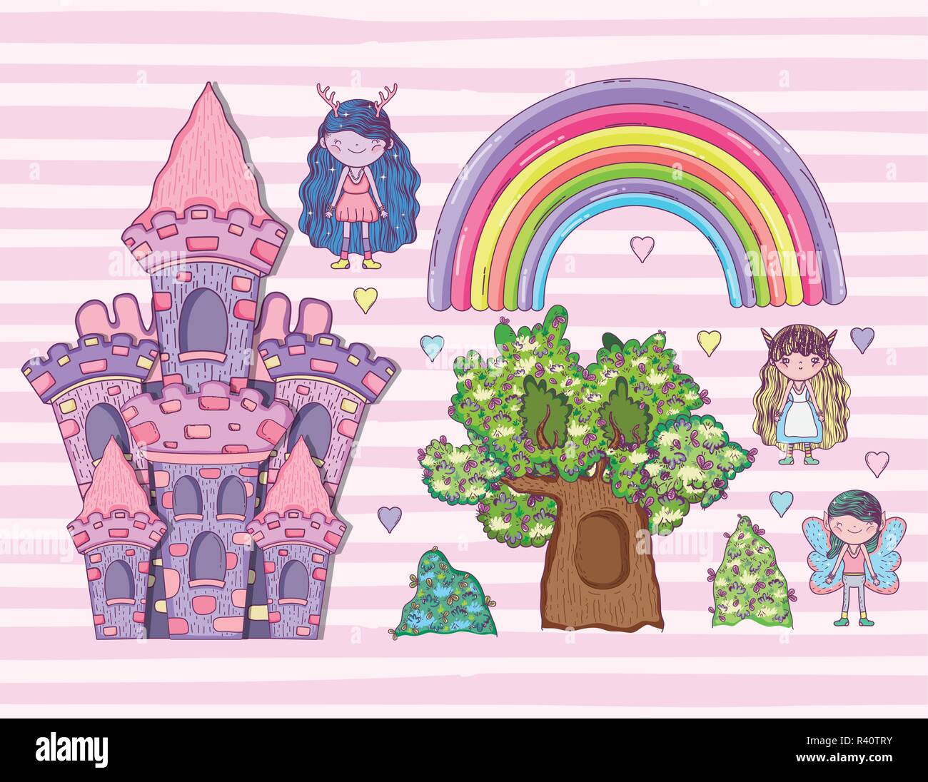 Impostare le creature fantastiche di arcobaleno e il castello di illustrazione vettoriale Illustrazione Vettoriale
