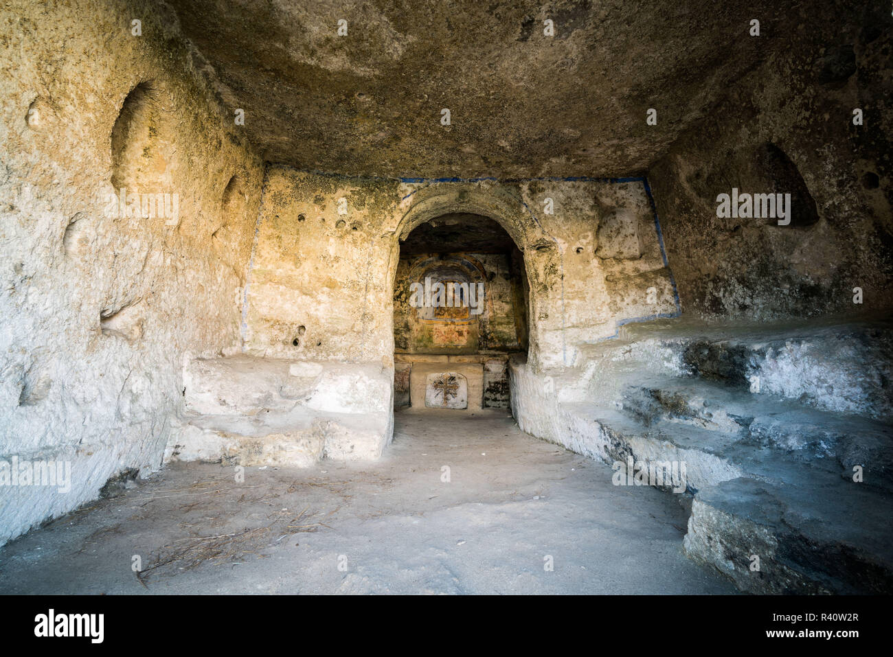 Interno della chiesa nella roccia, Matera, Italia, Europa. Foto Stock