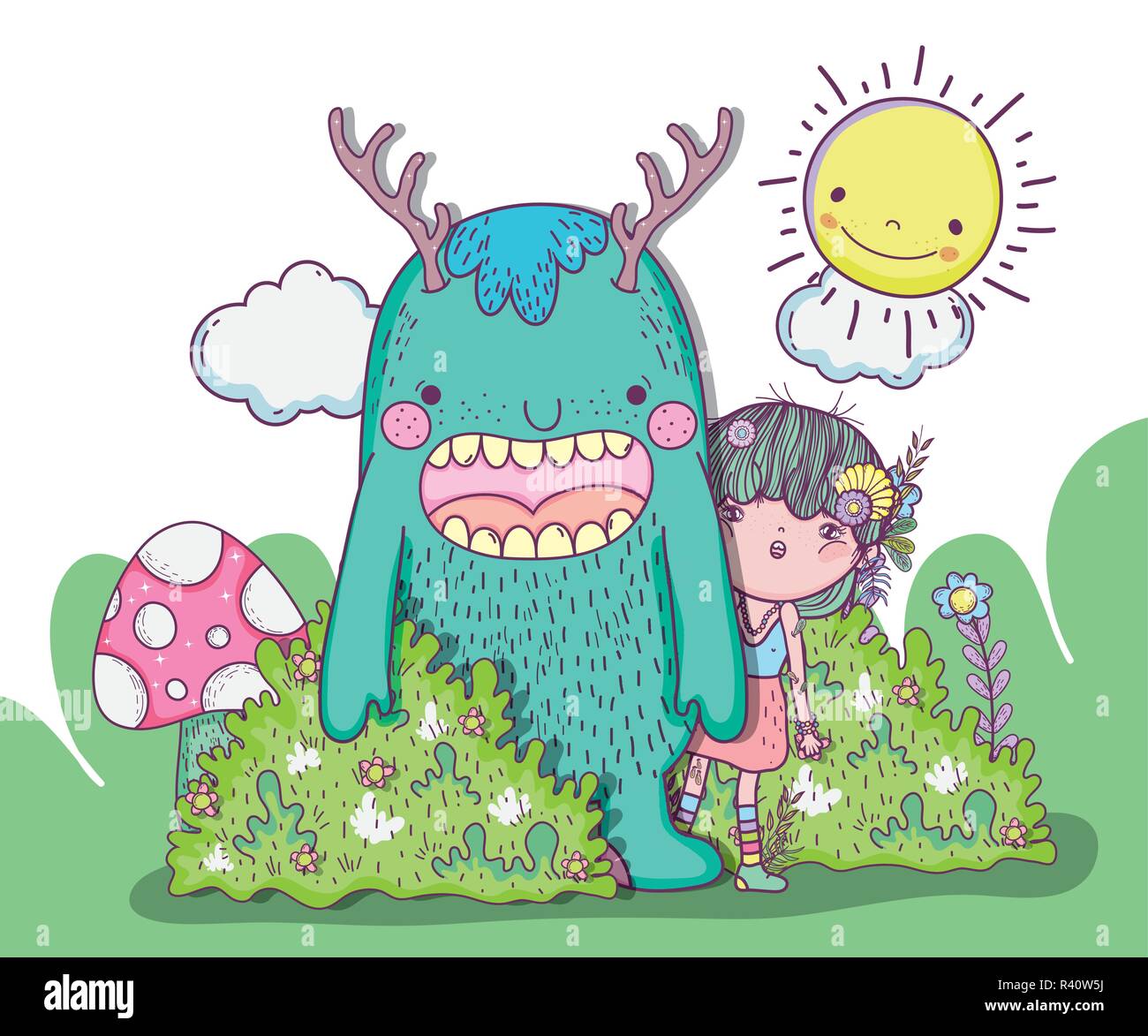 Monster e la ragazza le creature con sole e nuvole illustrazione vettoriale Illustrazione Vettoriale