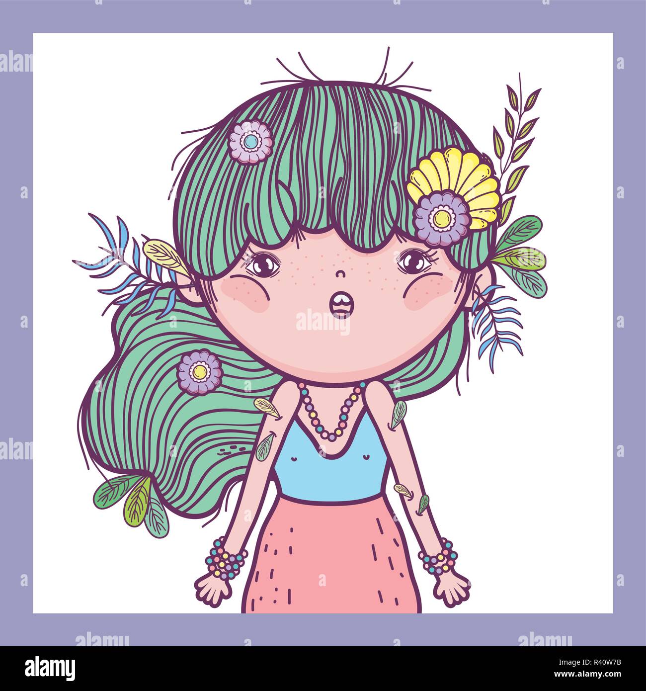 Ragazza difensore di creature con fiori e foglie illustrazione vettoriale Illustrazione Vettoriale
