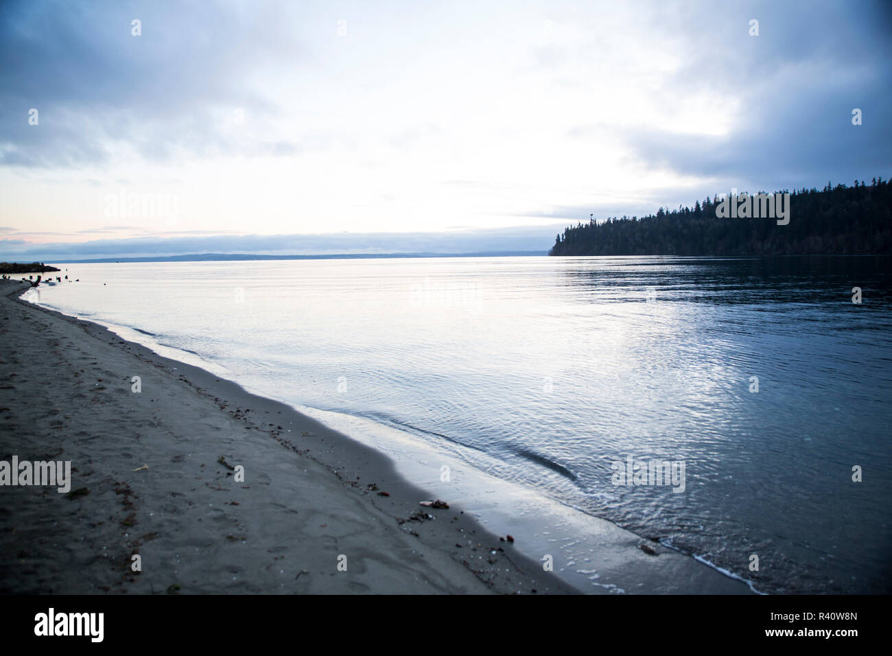 Port Ludlow, nello Stato di Washington. Spiaggia di sabbia, mattina marea, punto di terra e di Puget Sound Foto Stock