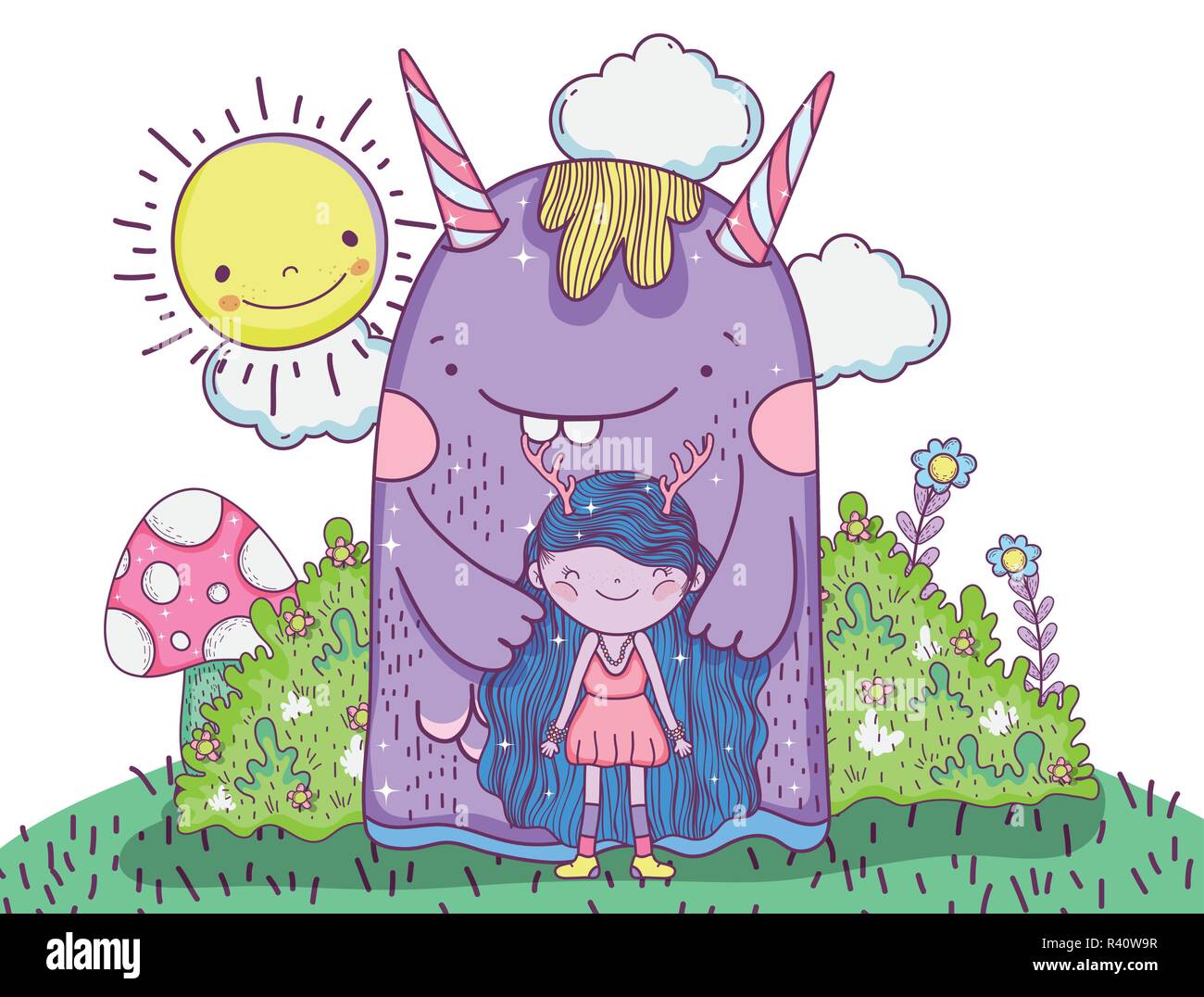Monster e la ragazza le creature con Sun e cespugli illustrazione vettoriale Illustrazione Vettoriale