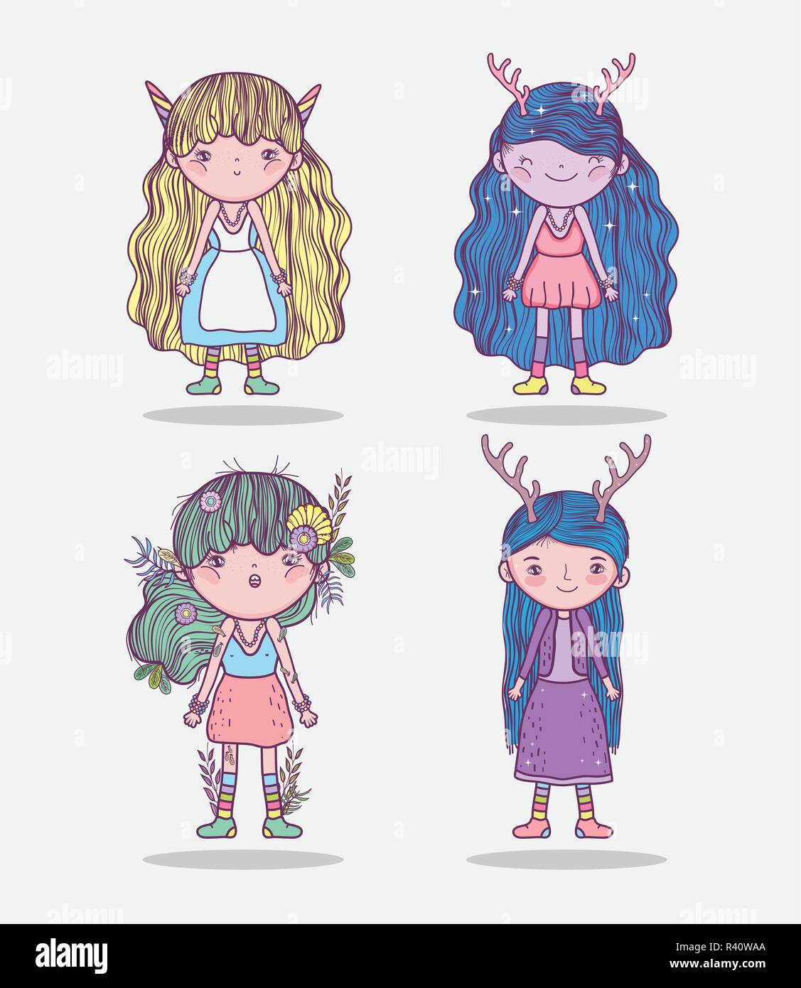 Impostare cute ragazze creature fantastiche con acconciatura illustrazione vettoriale Illustrazione Vettoriale