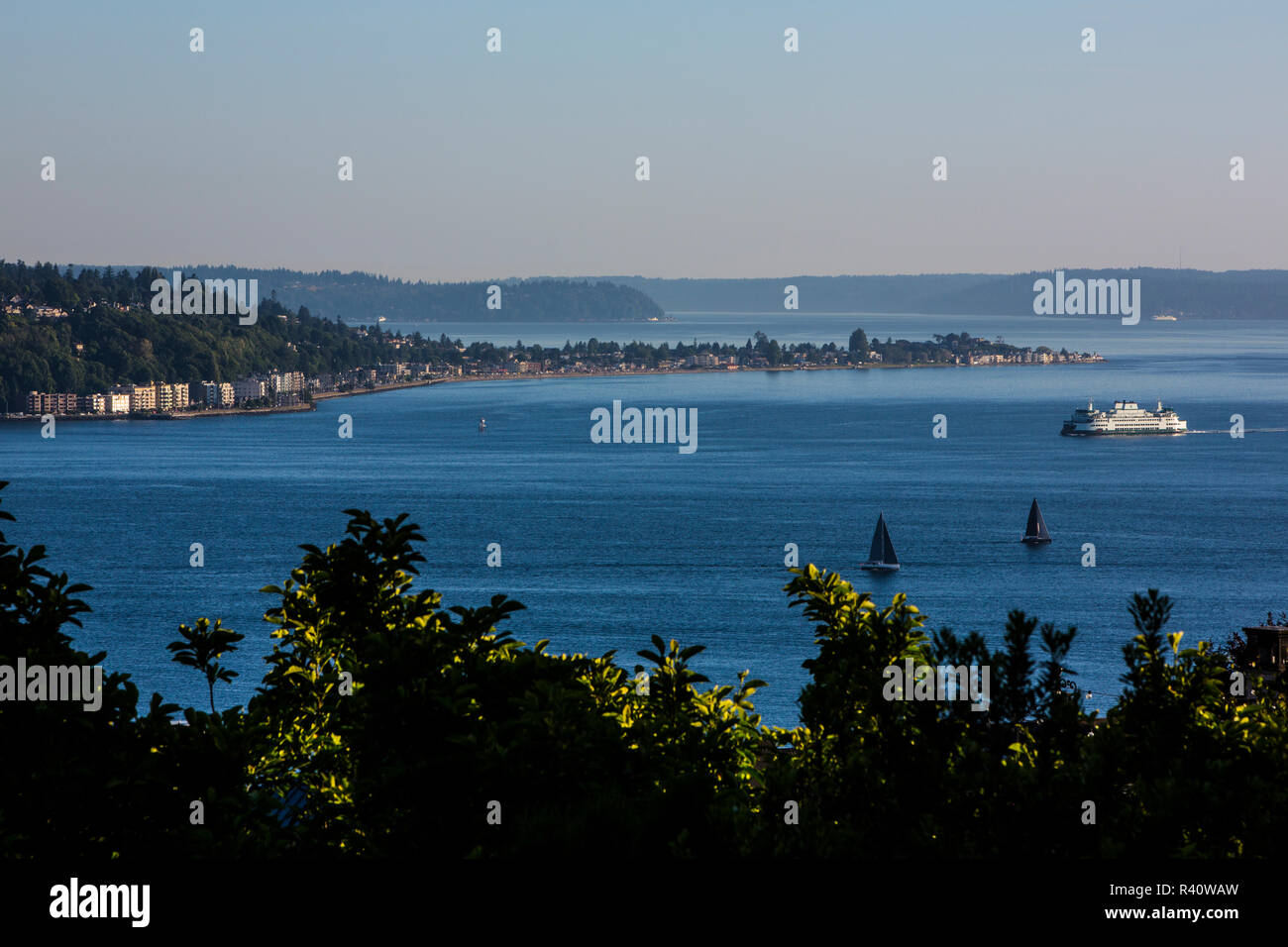 Seattle, nello Stato di Washington. Traghetti e imbarcazioni a vela su Elliott Bay passando West Seattle Foto Stock