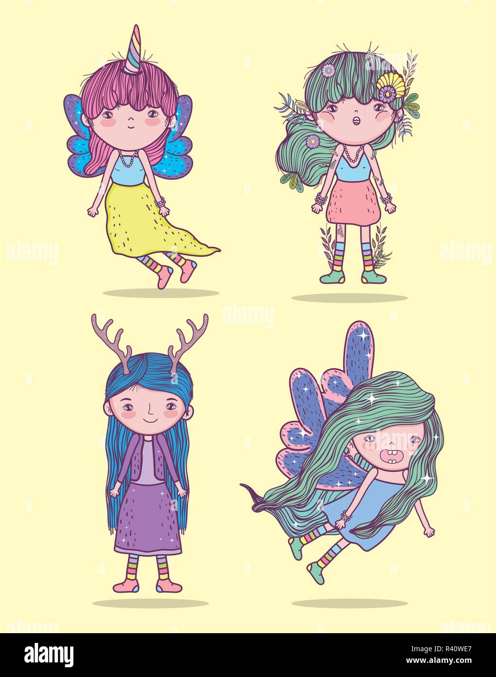 Impostare le ragazze fantastiche creature con hairtyle illustrazione vettoriale Illustrazione Vettoriale