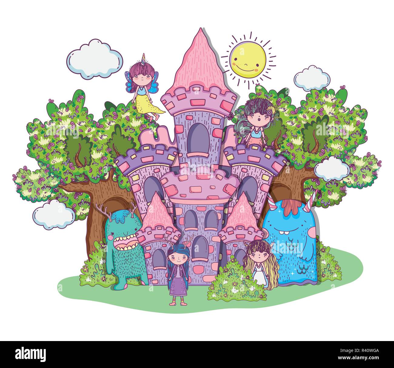 Ragazze fantastiche creature del castello con alberi e sun illustrazione vettoriale Illustrazione Vettoriale