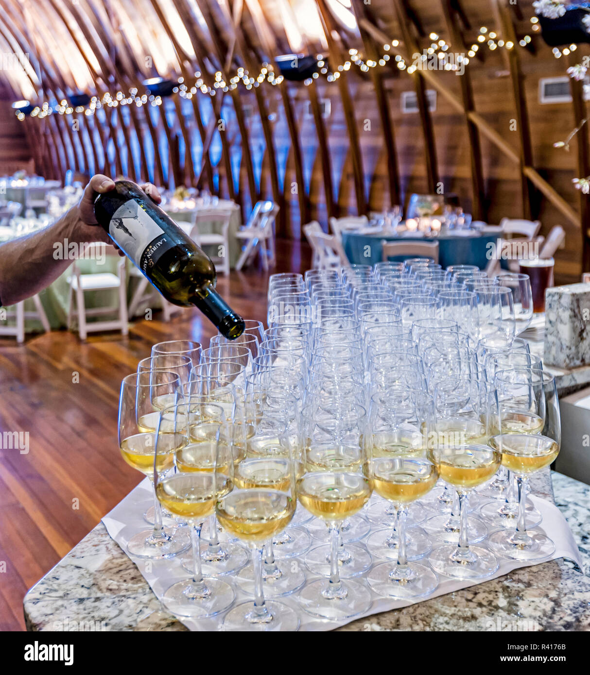 Stati Uniti d'America, nello Stato di Washington, Bothell. Vino bianco versata per un enologo la cena. Foto Stock