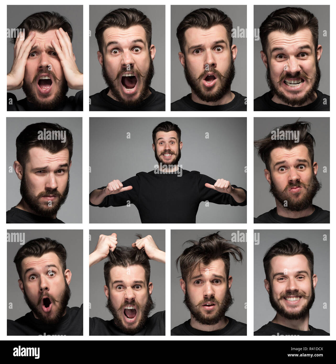 Set di giovane uomo' s ritratti con diverse emozioni Foto Stock