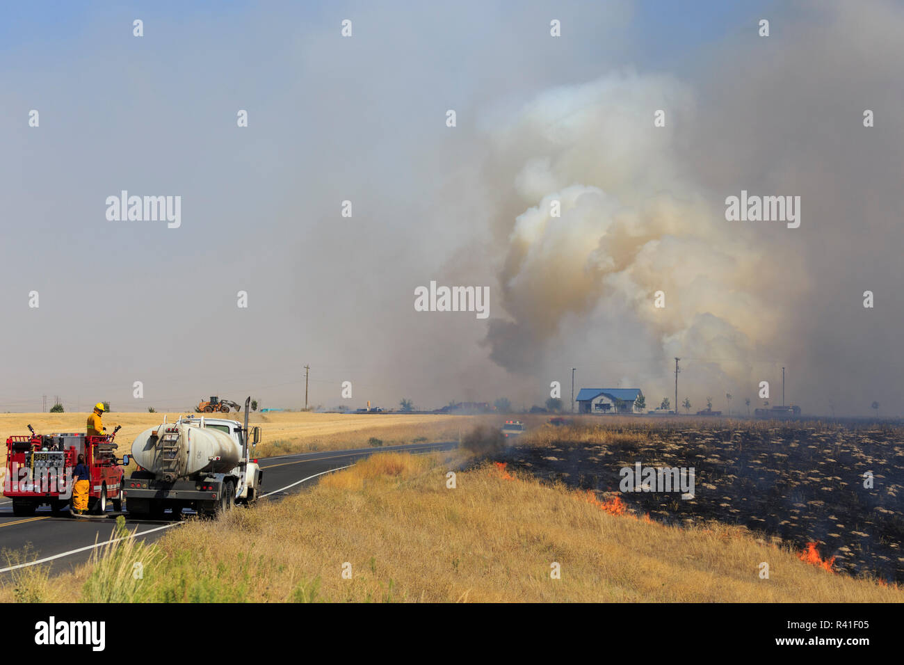 Walla Walla, nello Stato di Washington, USA. Contea di lotta antincendio personale a lavorare per mettere fuori un pennello piccolo incendio. Foto Stock