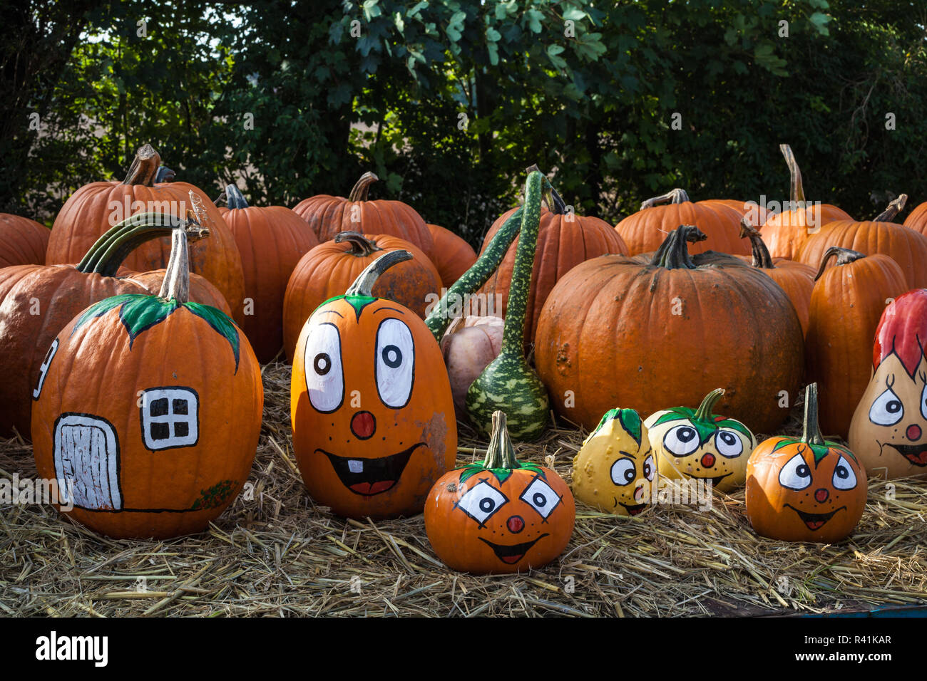 Sorridenti facce di halloween zucche Foto Stock