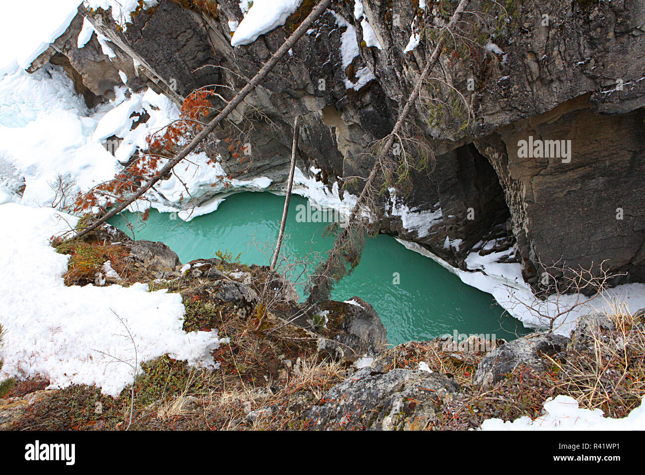 Sunwapta Falls e , che si trova nel Parco Nazionale di Jasper, Alberta, Canada. Foto Stock