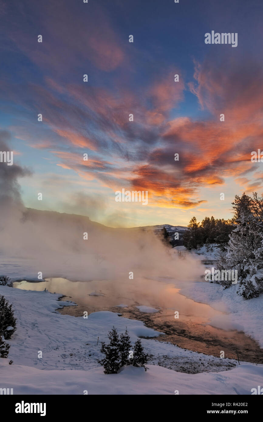 Brillante alba nuvole sulla molla erbose a Mammoth Hot Springs nel Parco Nazionale di Yellowstone, Wyoming USA Foto Stock