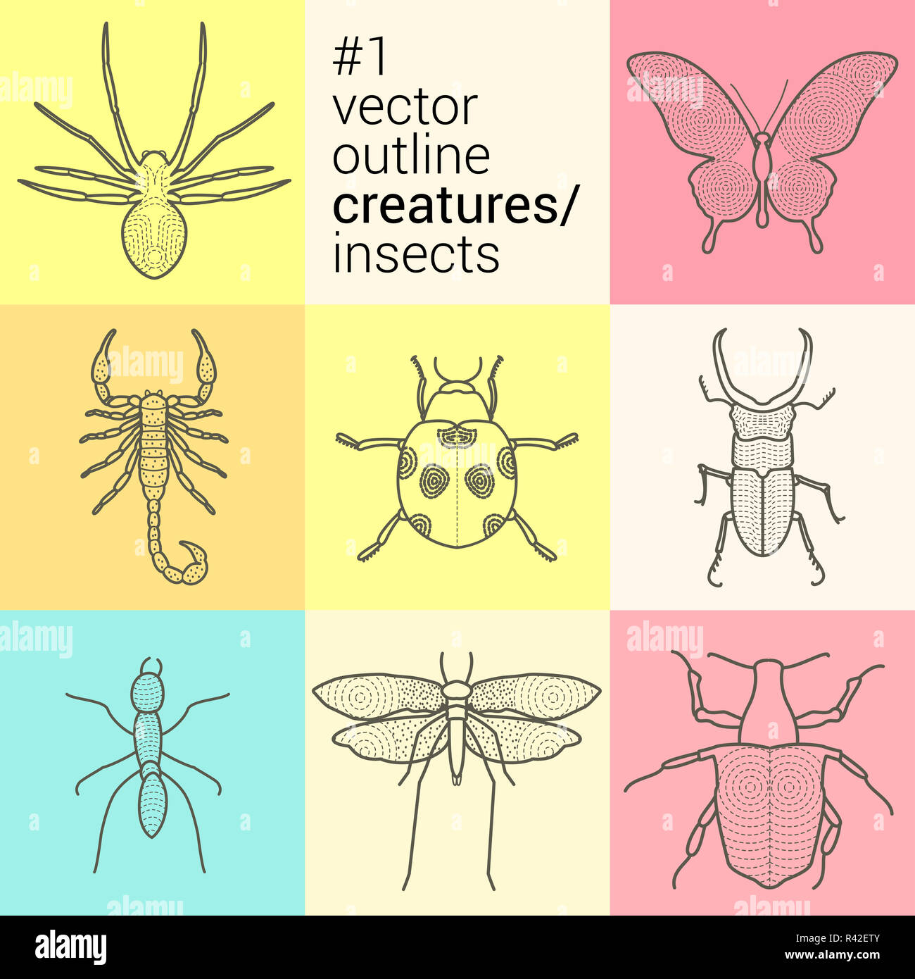 Impostare contorno, planimetrici, contorno, insetti vettori icone raccolta eps kit creature Foto Stock