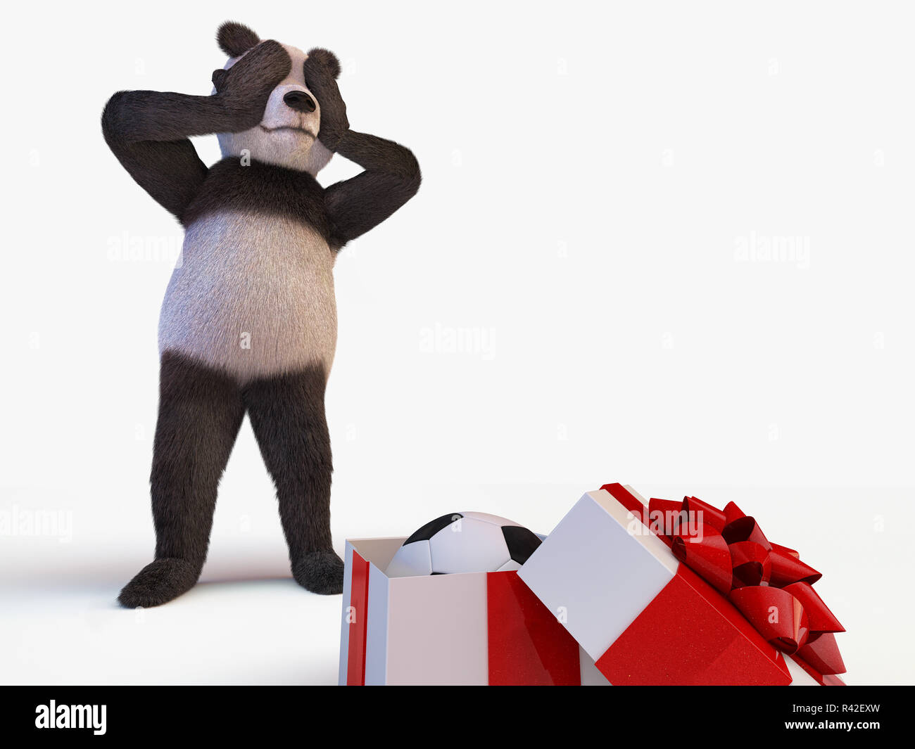 Gioiosa simpatico personaggio protagonista panda gigante il bambù sta dietro semi-scatola aperta con un regalo all'interno dei quali è il nuovo Pallone da calcio. sorpresa di compleanno uomo chiude gli occhi zampe Foto Stock