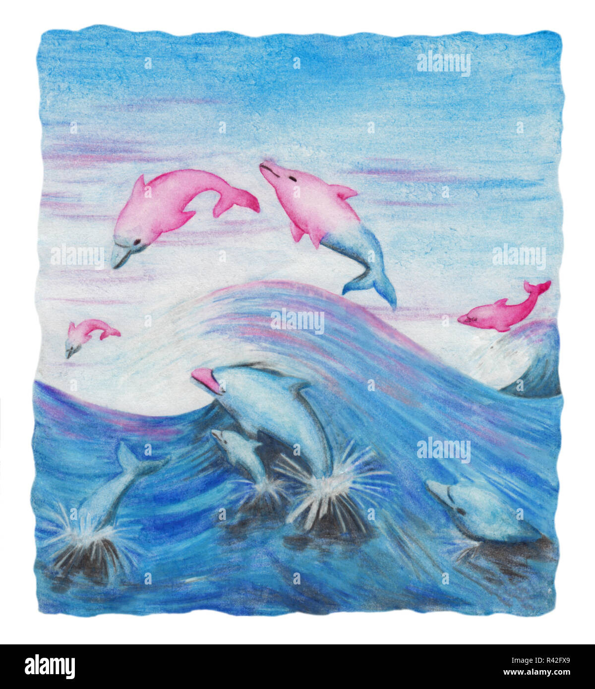 I delfini nuotare nel mare e cambiando colore mentre salta Foto Stock