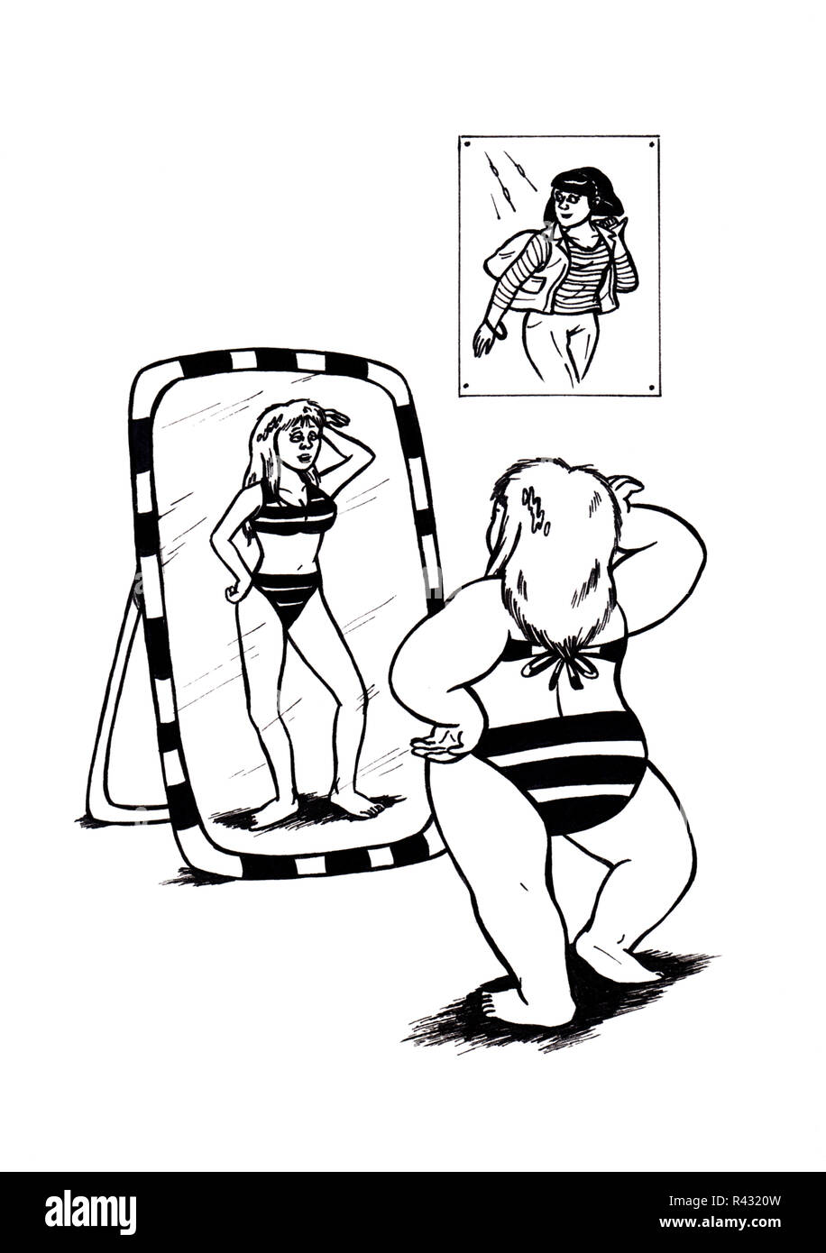 Ragazza obesi in piedi di fronte ad uno specchio Foto Stock