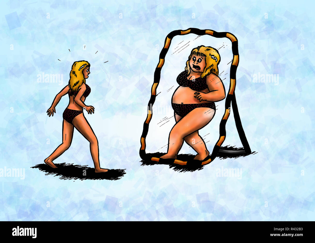 Un sottile giovane donna in piedi di fronte ad uno specchio e percepting se stessa come obesi Foto Stock