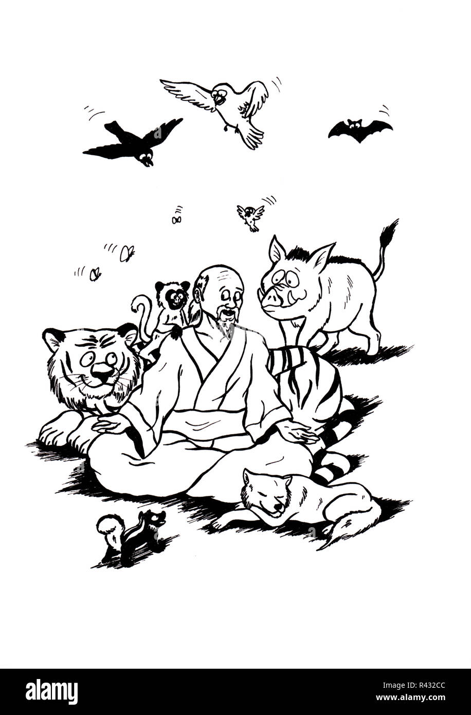 Una meditazione zen felice master in una posizione del loto circondato da felice animali e mostra che egli vive il rispetto della vita Foto Stock